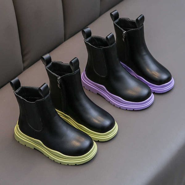 

boots 2022 pu leather children short new arrival kids girls shoes side zipper winter boys child e07241 y2210, Black;grey