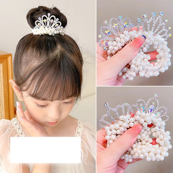 

children pony tails holder hair accessories crown tiara princess pearl scrunchette little girl ball hair rubber band br015, Golden;silver