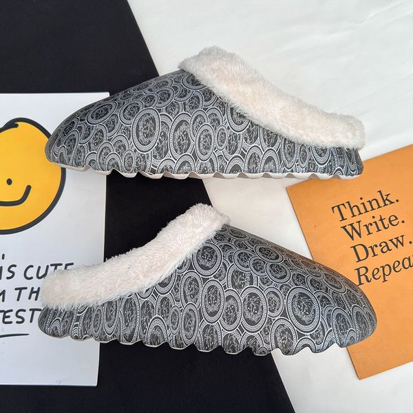 

cotton slippers winter warm covered feet cotton shoes women's shoes personalized painted graffiti thick soft plush outdoor men's s, Black
