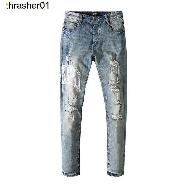 

men's designer side amirs letter men's new fashion brand streetwear jeans, Blue