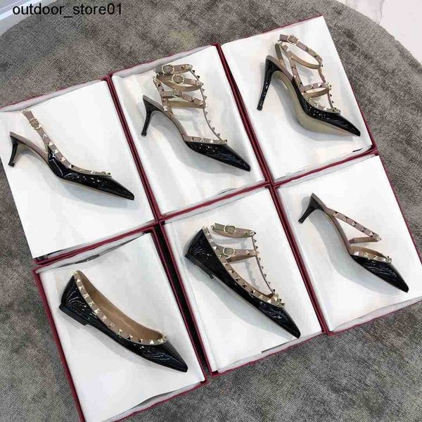 

designer sandals luxury dress shoes classic riveted high heels shoe thin heel pointed shallow mouth leather flat bottom women slippers valen, Black