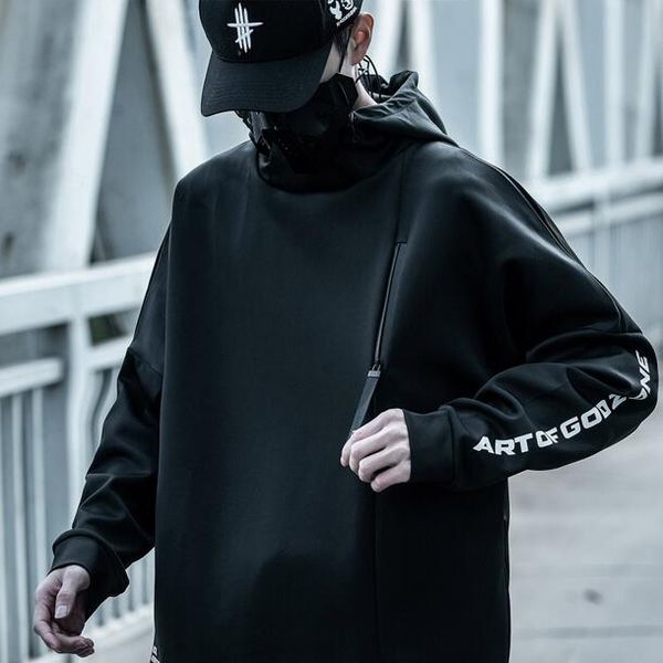 

functional style high neck hoodie men women loose hip hop cargo coat, Black