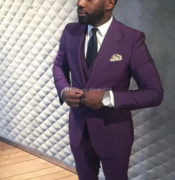 

tuxedos two buttons dark purple wedding groom notch lapel groomsmen men formal prom suits jacket pants vest, Black;gray