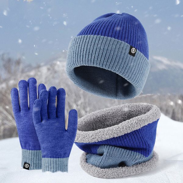 

warm knitted scarves gloves hat sets wool double sides can be worn with matching color ear protection winter suit, Blue;gray