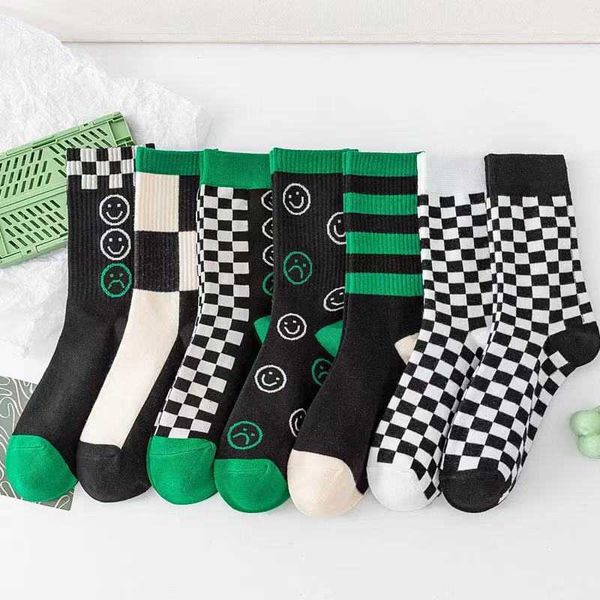 

men's socks novelty funky harajuku smiling face women checkerboard socks geometric checkered socks men hip hop cotton streetwear sox t2, Black