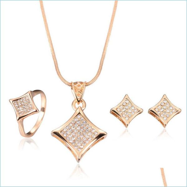 

wedding jewelry sets necklace earrings ring jewelry set luxury fashion women rhinestone 18k gold plated geometric square wedding 3-p dhrpr, Slivery;golden