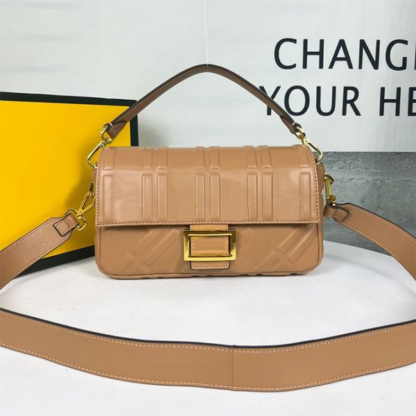

baguette bag shoulder crossbody purse lady totes handbag embossed letter printing genuine leather metal clasp inside pocket detachable strap