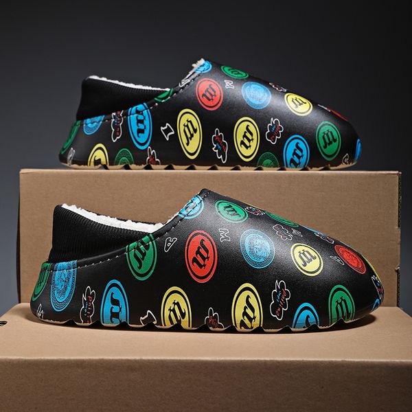 

cotton slippers winter warm covered feet cotton shoes personality full print women's shoes feather cloth thick soft plush outdoor men t, Black