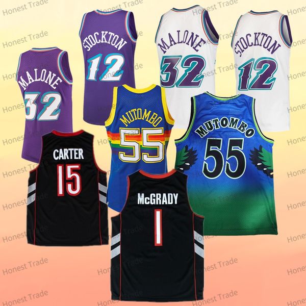 

retro basketball jersey 32 karl malone 12 john stockton purple white 55 dikembe mutombo 15 vince carter tracy mcgrady vintage mens stitched, Black;red