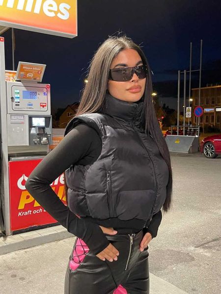 

women's down parkas fashion stand collar sleeveless black ribbed cropped coats women 2022 autumn winter casual unhooded zipper pocket c