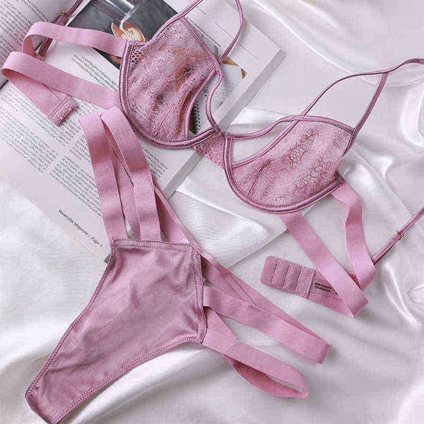

bras sets wriufred lingerie feminine transparent lace underwire bra set temptation strappy bra thong women hollow underwear t220907, Red;black