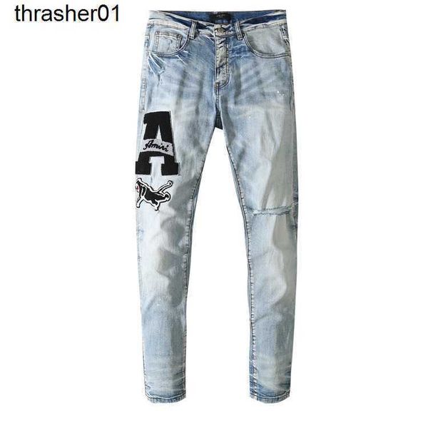 

new men's designer amirs embroidery knee hole jeans men washing water slim streetwear jeans, Blue