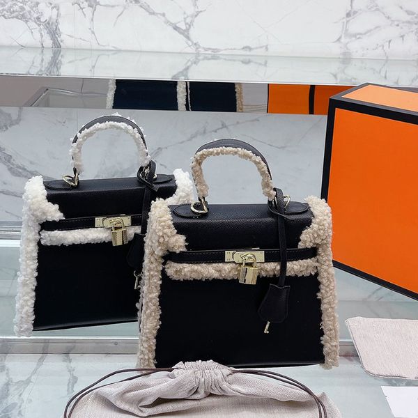 

lamb hair handbag tote bags crossbody handbags purse women shoulder bag key latch gold hardware cowhide palm pattern internal zipper