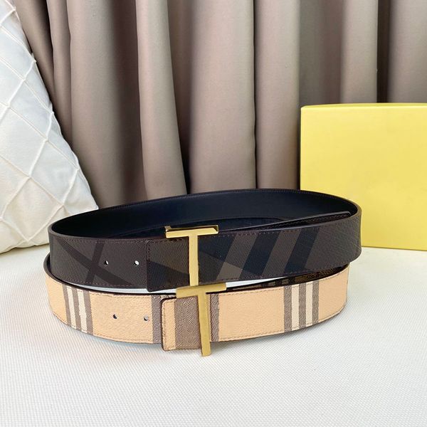 

Classic Belt Real Leather Belts Width 3.8CM Plaid Letters Design for Man Woman Buckle Gold Sliver Color, Multi