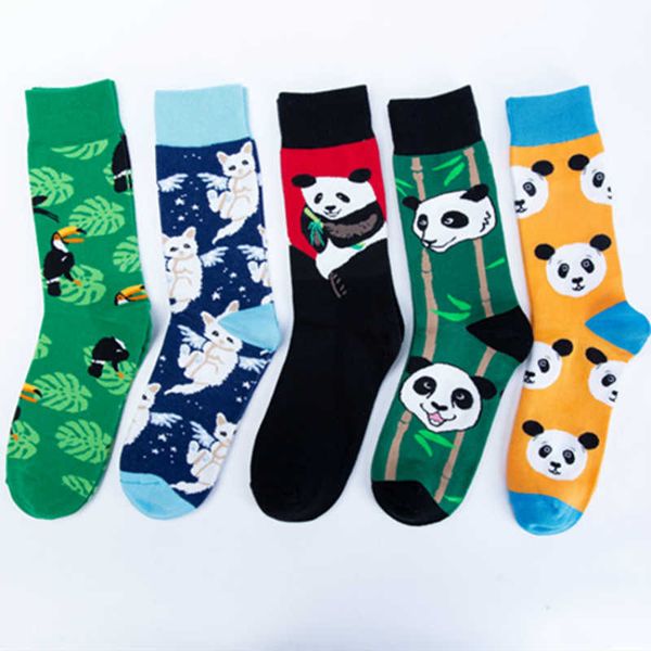 

men's socks panda painting birds cat traditional colourful high canister time cotton winter new product happy tide socks hip hop animal, Black