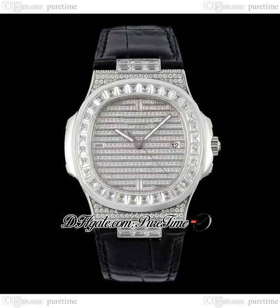 

gsf 5719g a324 automatic mens watch steel paved round diamonds dial stick iced out diamond black leather strap super edition jewelry watches, Slivery;brown