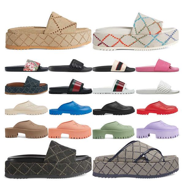 

2022 luxurys designers sandals slides flats flip flops beach shoes loafers classic floral brocade leather rubber platform gear bottoms for s, Black
