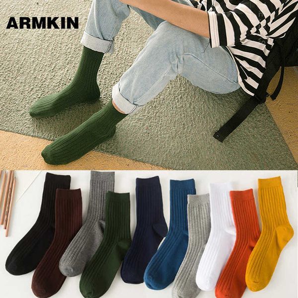 

men's socks armkin 10 colors socks men combed cotton pure color skarpety casual calcetas t221011, Black