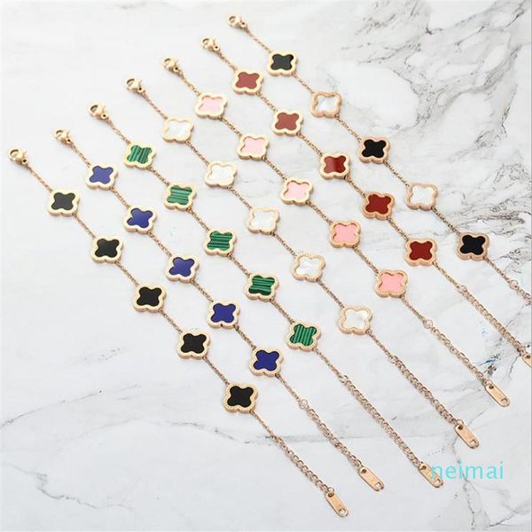 

luxurious quality brand name flower with five flower nature stone pendant bracelet with rhombus clasp for women wedding gift250e, Golden;silver