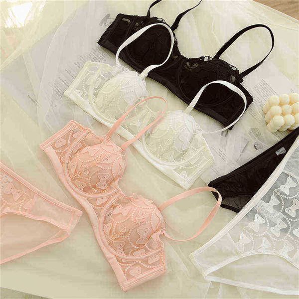 

bras sets girls half cup lace bras thin big breasts showing small with steel rings support anti-sagging lingerie underwear set t220907, Red;black