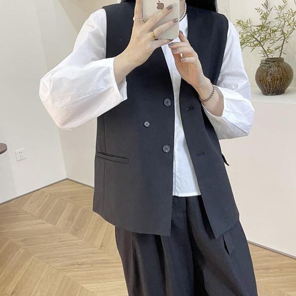 

women's vests sleeveless korean style fashion women clothes gilet jacket black beige designed solid female chalecos para mujer, Black;white