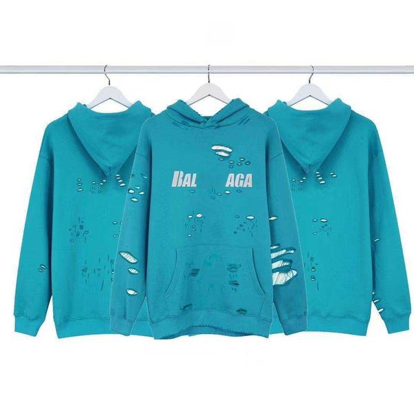 

fashion brand hoodies paris hole tearing washed chest letter print loose pullover sweatshirts blue, Black