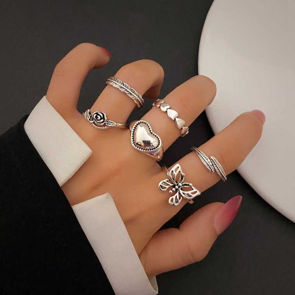 

cluster rings kisswife vintage silver color metal women's ring heart rose butterfly feather finger rings set gothic fashion jewelry l22, Golden;silver