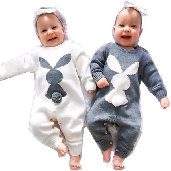 

sets rompers ins baby kids rabbit knitted sweater infant girls round collar stereo pompon long sleeve jumpsuits toddler boys cartoon climb c, White