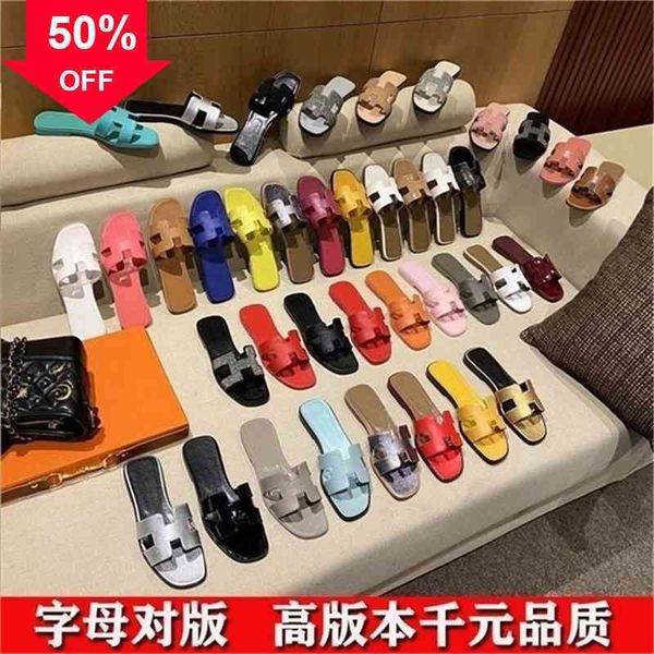 

dhl designer brand slippers herme slides h family women's summer 2022 new versatile color matching leather one line wear flat bottomed, Black