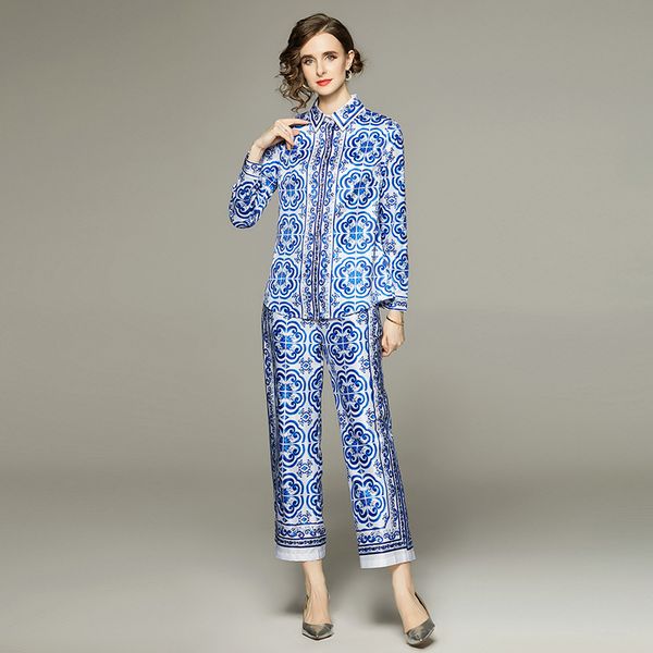 

fashion elegant women's two piece pants blue white porcelain printed shirt and long wide-leg trouser spring autumn pants suit