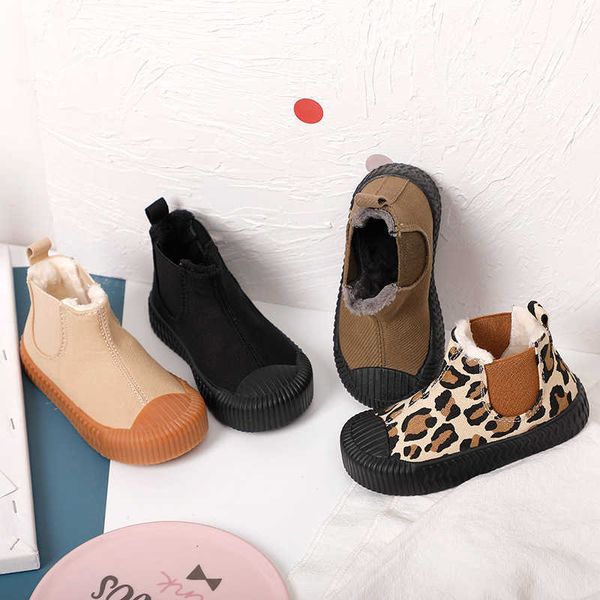 

boots children leopard canvas shoes 2022 autumn winter new children plus cotton boys and girls casual cute biscuit boots y2210, Black;grey
