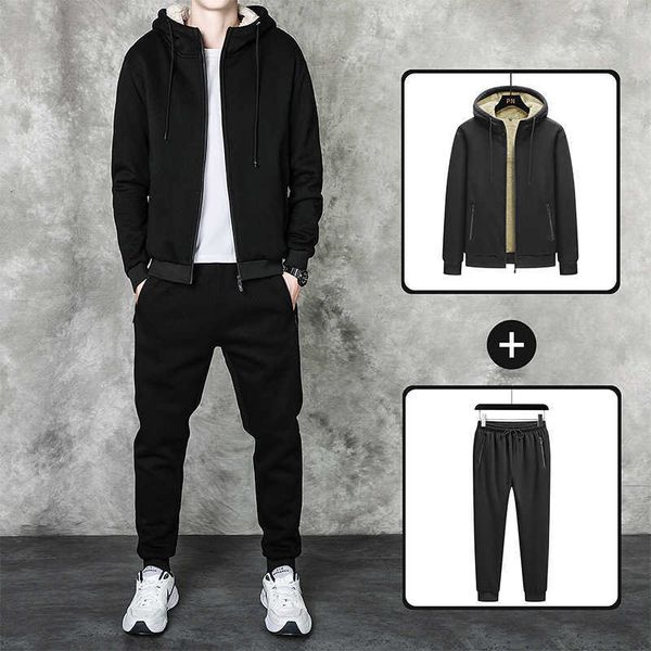 

men's tracksuits autumn and winter new men's simple fashion casual sports lamb velvet cardigan plus twopiece g221011, Gray