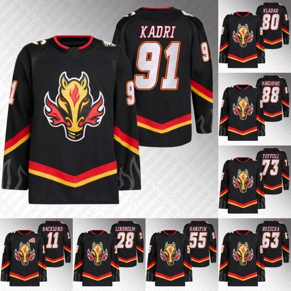 

91 nazem kadri jersey flames 2022 blasty third jerseys huielias lindholm andrew mangiapane rasmus andersson noah hanifin mikael backlund bla, Black;red