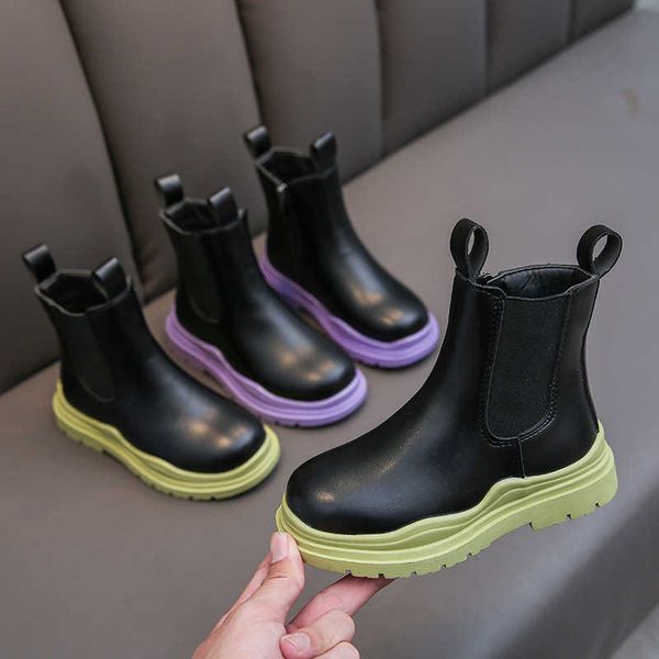 

boots 2022 pu leather children short new arrival kids girls shoes side zipper winter boys child e07241 l221011, Black;grey