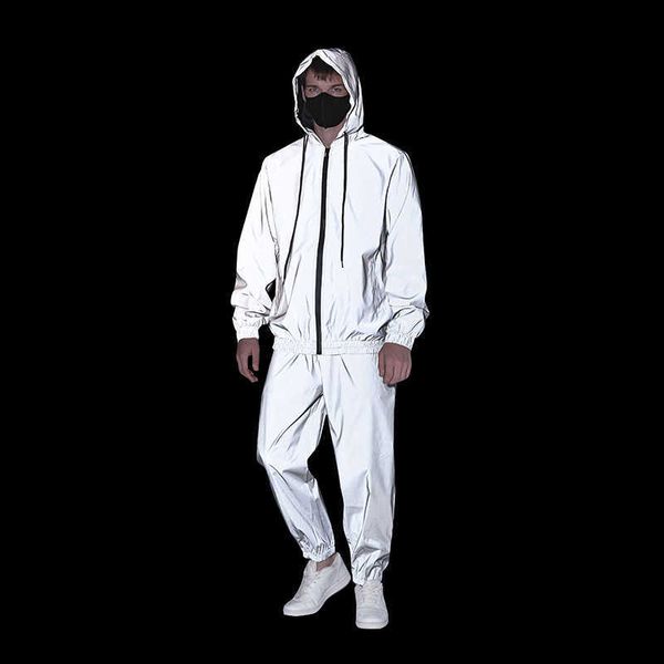 

men's tracksuits parklees mens reflective hooded jacket suit new night sports fluorescent tracksuit hip hop harajuku dance ropa hombre, Gray