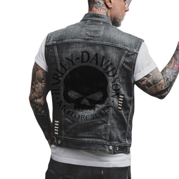 

men's autumn new denim vest wear street fashion punk personality skull print hip hop rock festival retro ripped water sleeveless vest j, Black;white