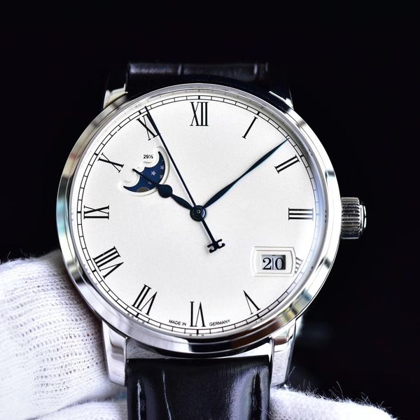

members' big calendar moon watch men's automatic mechanical watch with white dial and black strap, Slivery;brown