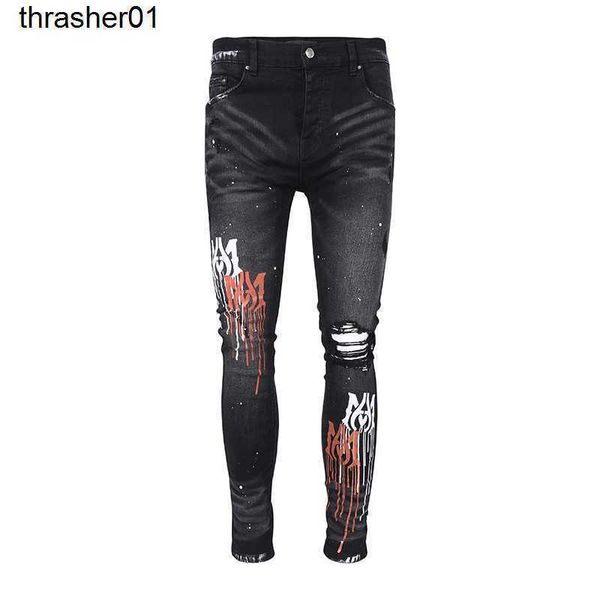 

new men's designer amirs style patchwork embroidery letters side worn out damaged washed slim fitting streetwear black jeans, Blue
