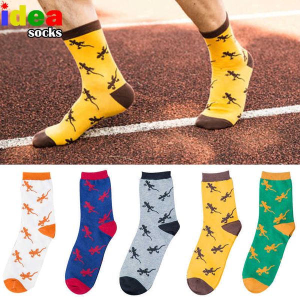 

men's socks cotton cartoon animal jacquard novelty men socks lizard gecko pattern comfortable pure brand embroidery happy long t221011, Black