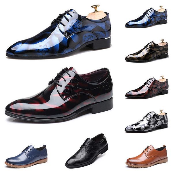 

mens leather dress shoes british printing navy bule black brow cherry red oxfords flat office party wedding round toe fashion 2022