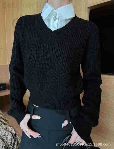 

women's knits & tees designer autumn and winter 2022 new two piece false knitwear fashion casual polo collar long sleeve wearing 158992, White