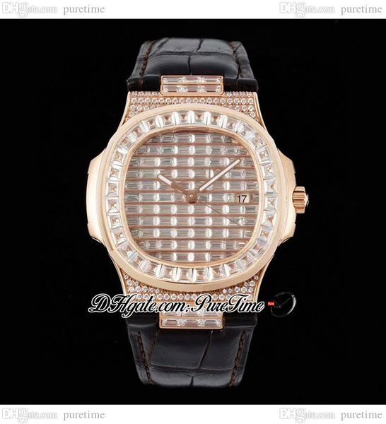 

gsf 5719r a324 automatic mens watch rose gold paved rectangle diamonds dial stick iced out diamond black leather strap super edition jewelry, Slivery;brown