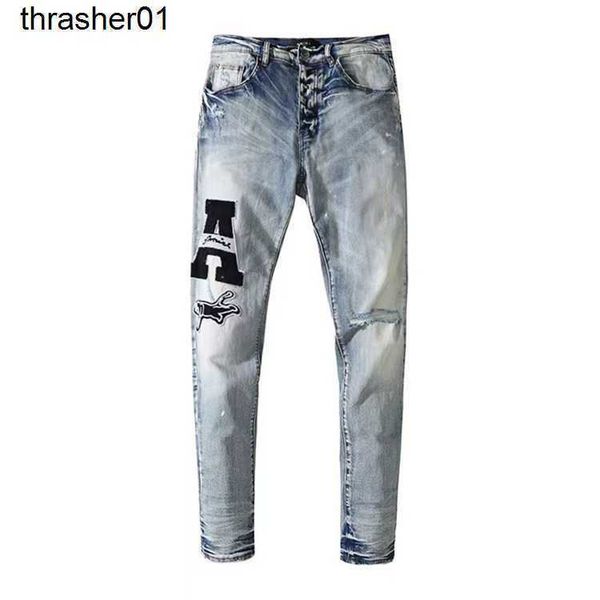 

new mens designer amirs men's jeans trend casual hole elastic men's streetwear pants, Blue