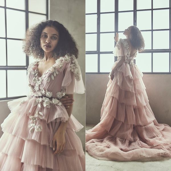 

pink appliqued layered tulle prom dresses v neck flower formal party dress 2023 evening gowns, Black