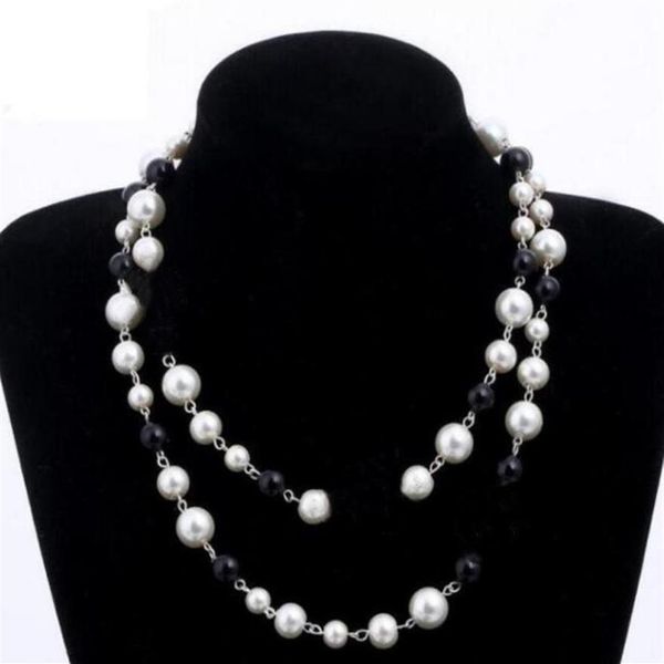 

designer jewelry necklace elegant women black and white pearl sweater chain paris fashion diamond necklaces wedding jewelrys acces271l, Silver