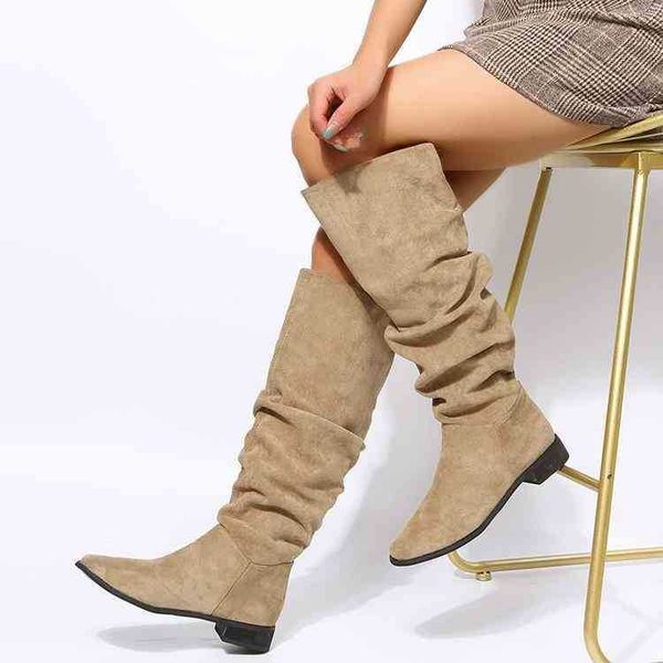 

hbp boots suede knight women's 2022 new high with thick heels and pointed toes brown pleated pile 220920, Black