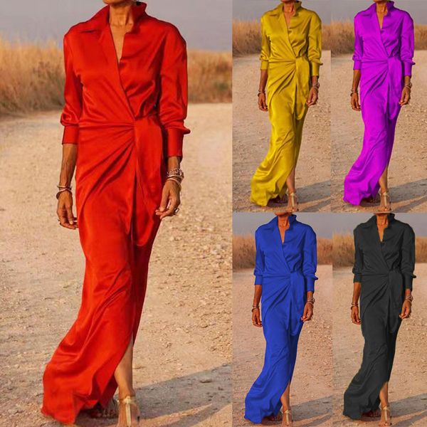 

dress autumn european and american new style women's lace up high waist split floor pulling long sleeve collar sexy, Black;gray