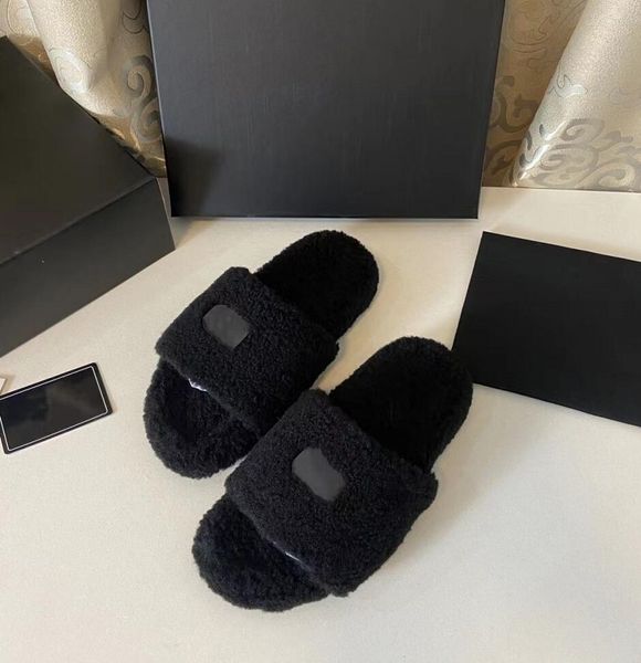 

lamb wool women's home slipper leisure solid color flat bottom sandal designer shoes new style winter plush warmth flip-flops fashion s, Black