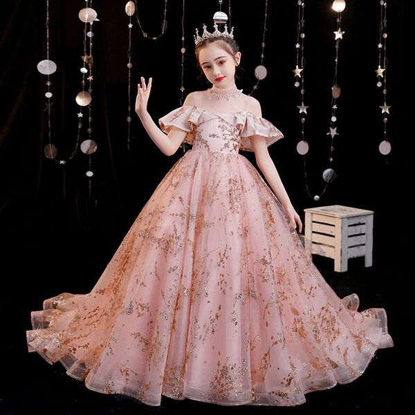 

luxury vintage flower girls dresses for bohemian wedding little kid sequined empire waist champagne lace pageant pink first communion gowns, White;blue