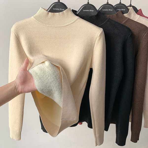 

women's knits tees korean half turtleneck knitted pullovers fashion clothes woman 2022 winter sweater casual fleece lined warm knitwear, White